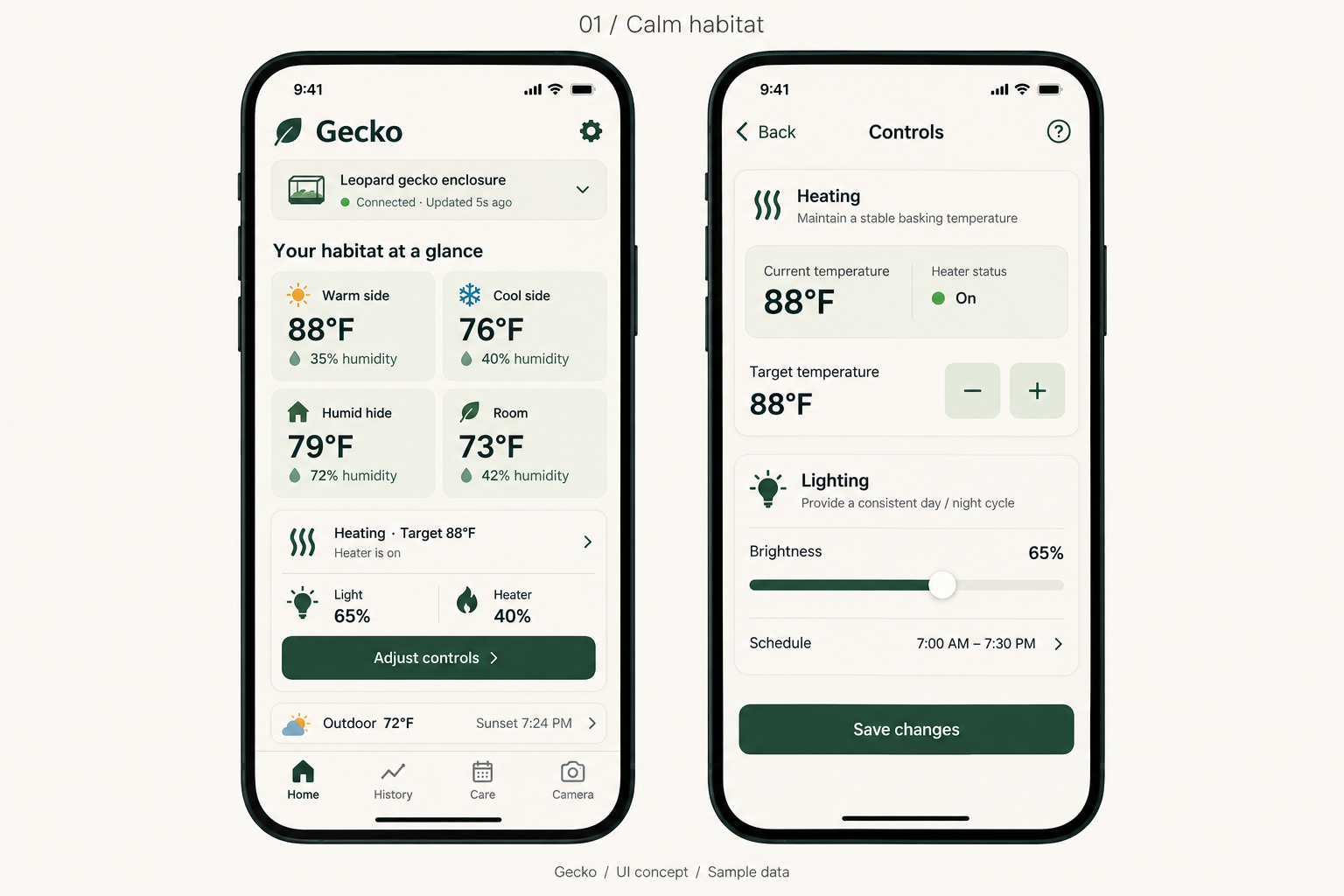 Calm habitat design preview showing a light sensor dashboard and heating and lighting controls